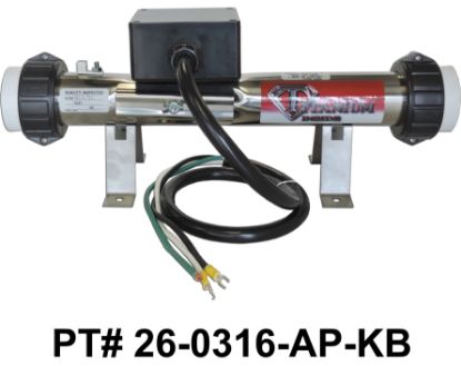 26-0316-AP-KB: Hot Tub Heater Replacement Assy, Replacement, 2.25"x15", 3.6kW, Titanium, w/Cord and Stands, Sundance/Jacuzzi